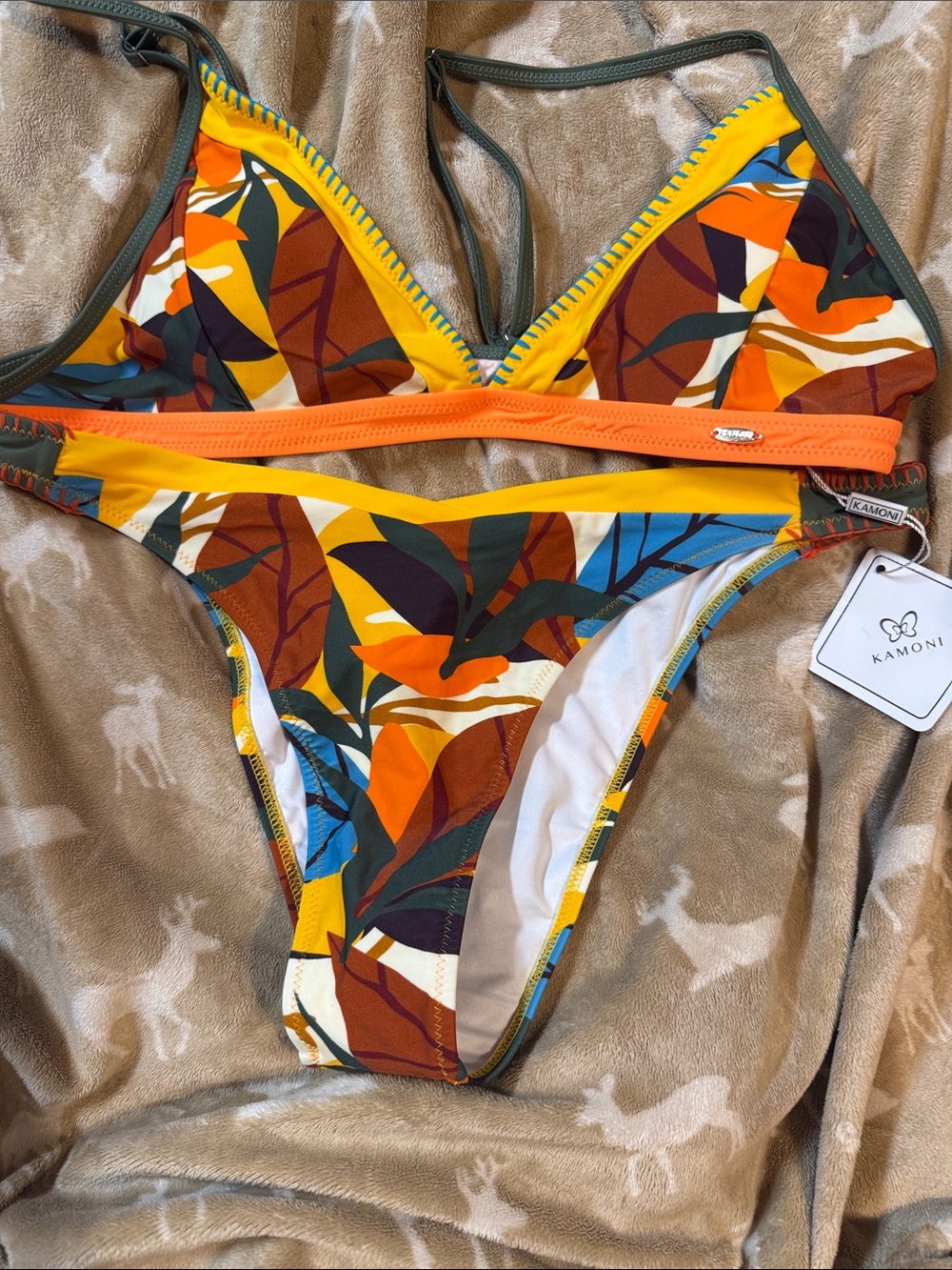 Kamoni Tropical Leaf Print Triangle Bikini - Yellow & Orange